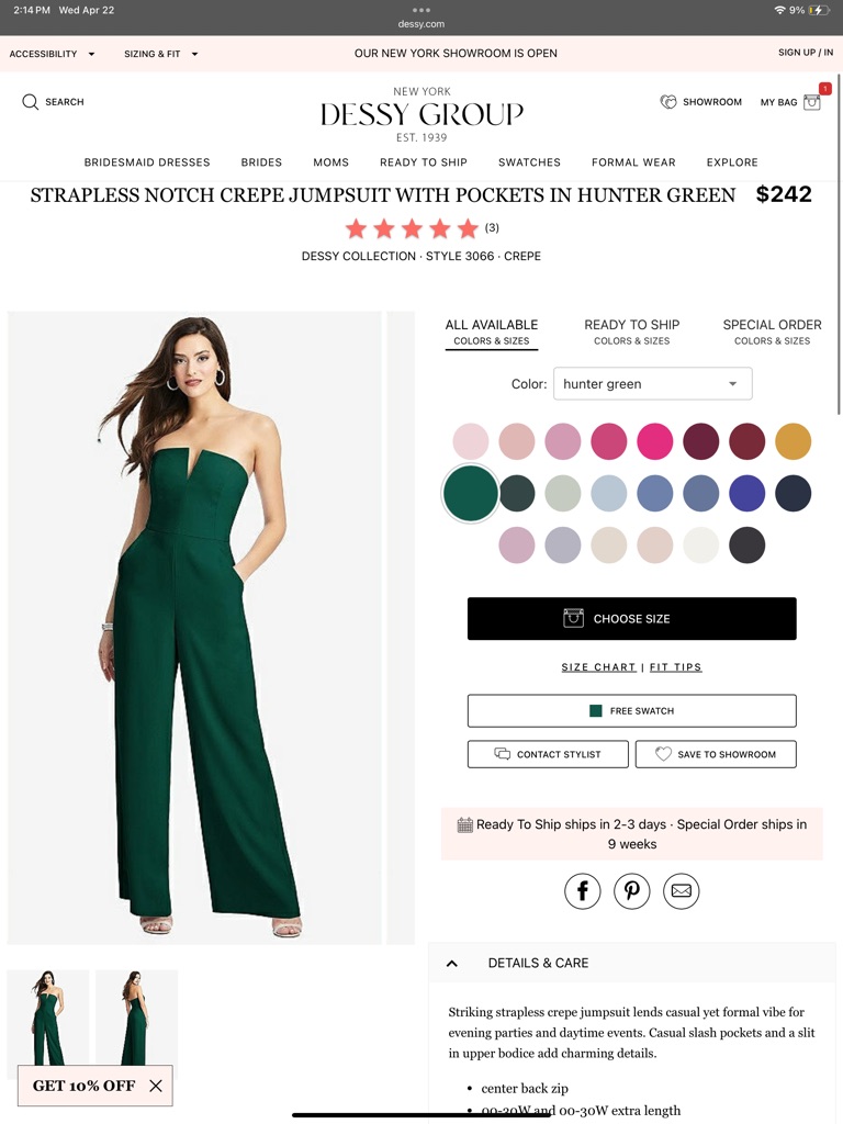 Dessy Collection Hunter Green Strapless Notch Crepe Jumpsuit